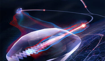 An artist’s impression of defect centers in diamond nanostructures. They can be used as quantum bits. Via quantum entanglement, quantum information can be stored in emitted single photons and transmitted in optical fibers in the future quantum internet. Image credit: HU Berlin / AG Integrierte Quantenphotonik.