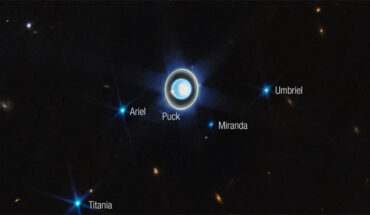 This Webb image shows Uranus and six of its 27 known moons (most of which are too small and faint to be seen in this short exposure). Image credit: NASA / ESA / CSA / STScI / J. DePasquale, STScI.