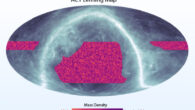 Astronomers from the ACT Collaboration used NSF’s Atacama Cosmology Telescope to create this new map of the dark matter; the orange regions show where there is more mass; purple where there is less or none; the typical features are hundreds of millions of light years across; the whitish band shows where contaminating light from dust in our Milky Way Galaxy, measured by ESA’s Planck satellite, obscures a deeper view. Image credit: ACT Collaboration.