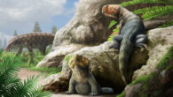 Life reconstruction of Beesiiwo cooowuse with the pseudosuchian Heptasuchus clarki in the background representing the known fauna from the lower carbonate unit of the Popo Agie Formation, Wyoming, the United States. Image credit: Gabriel Ugueto.