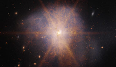 This image, captured by Webb’s Near-Infrared Camera (NIRCam) and Mid-Infrared Instrument (MIRI), shows Arp 220, a duo of colliding galaxies with merging cores; the brilliant light from the star-formation surrounding these cores creates diffraction spikes. Image credit: NASA / ESA / CSA / K. Pontoppidan, STScI / A. Pagan, STScI.