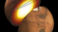 This artist’s concept shows a cutaway of Mars, along with the paths of seismic waves from two separate marsquakes in 2021. Image credit: NASA / JPL-Caltech / University of Maryland.