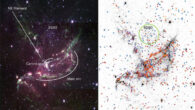 The left panel shows a three-color composite mosaic of NGC 346 combining Webb’s F277W (blue), F335M (green) and F444W (red) filters. The region is rich in structures of knots, arcs and filaments. Areas of bright pink and/or red emission are associated with clumpy star formation. The spatially resolved PAH emission excited by ultraviolet photons in green is brightest in regions corresponding to the edges of dense material, characteristic of a photodissociation region. Massive stars, stars belonging to the BS90 cluster (circled in green) and the Small Magellanic Cloud field population are also visible. The right panel shows a mosaic image from the F335M filter showing four different populations of stars: pre-main-sequence stars (blue circles), young stellar objects with Paα (orange diamonds), young stellar objects without Paα (red squares) and stars matched with the HST-PMS catalogue (purple stars). Image credit: Jones et al., doi: 10.1038/s41550-023-01945-7.