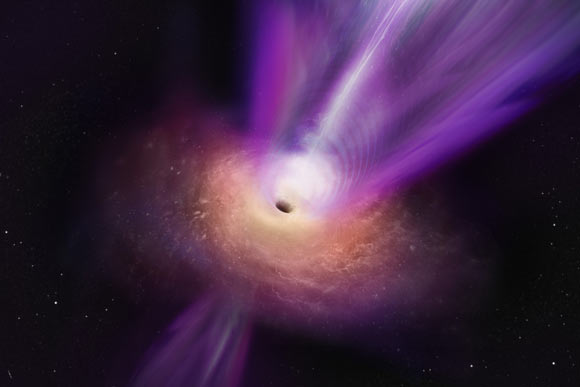 In this artist’s conception, M87*’s massive jet is seen rising up from the center of the black hole. Image credit: S. Dagnello, NRAO, AUI & NSF.