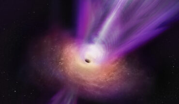 In this artist’s conception, M87*’s massive jet is seen rising up from the center of the black hole. Image credit: S. Dagnello, NRAO, AUI & NSF.