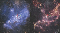 Optical (left) and infrared (right) image of NGC 346 in the Small Magellanic Cloud; the positions of the main ionizing sources of NGC 346, namely SSN 7 and SSN 9, are highlighted by red and green squares, respectively. Image credit: A. Nota, ESA & STScI / NASA / ESA / CSA / O. Jones, UK ATC / G. De Marchi, ESTEC / M. Meixner, USRA / A. Pagan, STScI / N. Habel, USRA / L. Lenkic, USRA / L. Chu, NASA’s Ames Research Center.