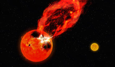 An artist’s impression of the superflare from the main member of the V1355 Orionis binary system. Image credit: NAOJ.