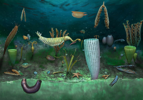 Reconstruction of the Castle Bank community; sponge in foreground is 2 cm tall. Image credit: Botting et al., doi: 10.1038/s41559-023-02038-4.