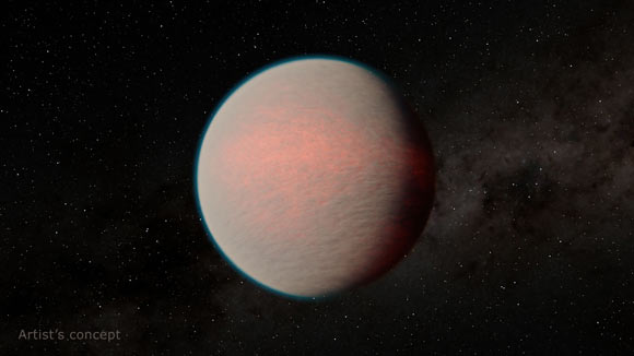 This artist’s concept depicts the mini-Neptune exoplanet Gliese 1214b. Image credit: NASA / JPL-Caltech / R. Hurt, IPAC.