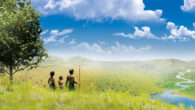 An artist’s illustration of hominins arriving in a multi-biome mosaic landscape. Image credit: Center for Climate Physics, Institute for Basic Science.