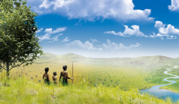 An artist’s illustration of hominins arriving in a multi-biome mosaic landscape. Image credit: Center for Climate Physics, Institute for Basic Science.