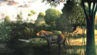 Life restoration of a North American brontothere species called Telmatherium and other animals of the Eocene Clarno Nut Beds, Oregon, the United States. Image credit: Larry Felder, National Park Service.