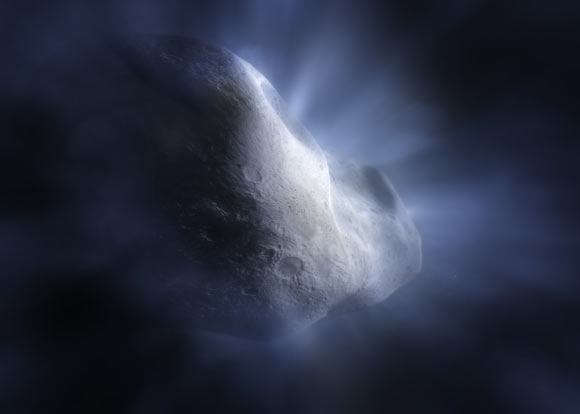 This artist’s concept of shows the main-belt comet 238P/Read sublimating -- its water ice vaporizing as its orbit approaches the Sun. Image credit: NASA / ESA.