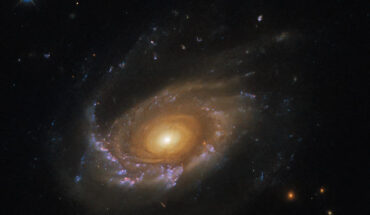 This Hubble image shows JW39, a jellyfish galaxy some 900 million light-years away in the constellation of Coma Berenices. The color image was made from separate exposures taken in the visible, near-infrared and ultraviolet regions of the spectrum with Hubble’s WFC3 instrument. Six filters were used to sample various wavelengths. The color results from assigning different hues to each monochromatic image associated with an individual filter. Image credit: NASA / ESA / Hubble / M. Gullieuszik / GASP Team.