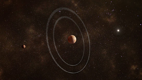 An artist’s impression of Quaoar and its two rings. Quaoar’s moon Weywot is shown on the left. Image credit: ESA / Sci.News.