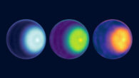 Akins et al. used microwave observations to spot the first polar cyclone on Uranus, seen here as a light-colored dot to the right of center in each image of the planet. The images use wavelength bands K, Ka, and Q, from left. Image credit: NASA / JPL-Caltech / VLA.