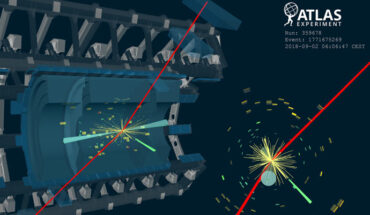 Event display of a candidate H→ Zγ event with the Z boson decaying μ+μ-. The transverse momenta of the two muon candidates, shown in red, are 72 GeV and 20 GeV. The photon candidate is reconstructed as an unconverted photon with a transverse momentum of 32.5 GeV. Two jets (R=0.4) are represented by light blue cones, with mjj of 965 GeV. The green boxes correspond to energy deposits in cells of the electromagnetic calorimeter, while yellow boxes correspond to energy deposits in cells of the hadronic calorimeter. The invariant mass of the Z boson candidate is 91.1 GeV and the invariant mass of Zγ system is 125.4 GeV. Image credit: ATLAS Collaboration / CERN.