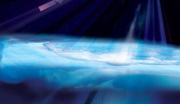 NASA’s Fermi Gamma-ray Space Telescope (top left) and the IceCube Neutrino Observatory (sensor strings, bottom). Image credit: NASA / Fermi / Aurore Simonnet, Sonoma State University.