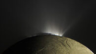 Saturn’s moon Enceladus with a plume. Image credit: NASA / JPL-Caltech / SSI / Kevin M. Gill.