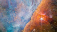 This image taken by Webb’s Near-Infrared Camera shows a part of the Orion Nebula known as the Orion Bar. It is a region where energetic ultraviolet light from the Trapezium Cluster -- located off the upper-left corner -- interacts with dense molecular clouds. The energy of the stellar radiation is slowly eroding the Orion Bar, and this has a profound effect on the molecules and chemistry in the protoplanetary disks that have formed around newborn stars here. Image credit: NASA / ESA / CSA / Webb / M. Zamani / PDRs4All ERS Team.