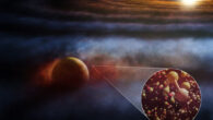 This artist’s conception shows the Jupiter-like protoplanet HD 169142b interacting with and heating nearby molecular gas, driving outflows seen in several emission lines, including those from shock-tracing molecules like SO and SiS, and the commonly seen 12CO and 13CO. Image credit: ALMA / ESO / NAOJ / NRAO / M. Weiss / AUI / NSF.