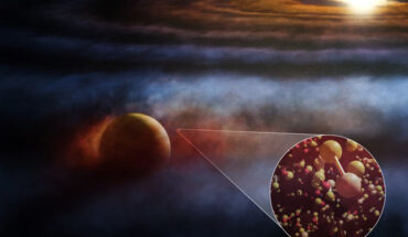 This artist’s conception shows the Jupiter-like protoplanet HD 169142b interacting with and heating nearby molecular gas, driving outflows seen in several emission lines, including those from shock-tracing molecules like SO and SiS, and the commonly seen 12CO and 13CO. Image credit: ALMA / ESO / NAOJ / NRAO / M. Weiss / AUI / NSF.