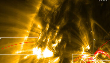 This image, taken with ESA’s Solar Orbiter on April 1, 2022, shows a partial section of the Sun with gas at 1 million degrees; the red paths correspond to some of the rain tracks analyzed by Antolin et al. Image credit: Patrick Antolin / ESA / Solar Orbiter / EUI / HRI.