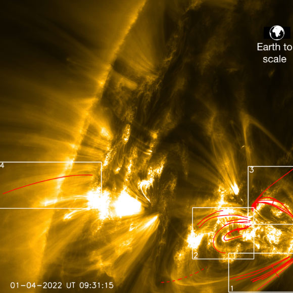 This image, taken with ESA’s Solar Orbiter on April 1, 2022, shows a partial section of the Sun with gas at 1 million degrees; the red paths correspond to some of the rain tracks analyzed by Antolin et al. Image credit: Patrick Antolin / ESA / Solar Orbiter / EUI / HRI.