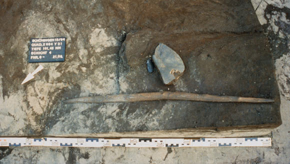 The 300,000-year-old double-pointed wooden stick at the site of Schöningen in Germany. Image credit: Peter Pfarr.