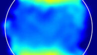 A spectroscopic map of Ganymede derived from Webb measurements shows light absorption around the poles characteristic of hydrogen peroxide; the circle outlines the surfaces of the moon. Image credit: Samantha Trumbo, Cornell University.