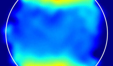 A spectroscopic map of Ganymede derived from Webb measurements shows light absorption around the poles characteristic of hydrogen peroxide; the circle outlines the surfaces of the moon. Image credit: Samantha Trumbo, Cornell University.