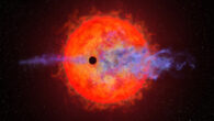 This artist’s illustration shows the Neptune-sized exoplanet AU Mic b passing in front of its host red dwarf star. Image credit: NASA / ESA / Joseph Olmsted, STScI.