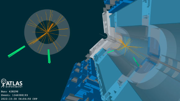 Candidate Higgs boson decays into two photons in the ATLAS experiment. Image credit: CERN.