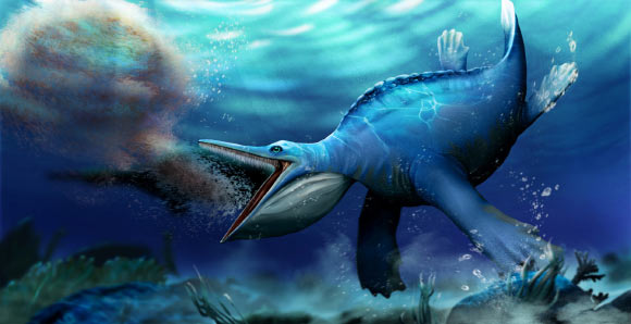 Reconstruction of Hupehsuchus nanchangensis about to engulf a shoal of shrimps. Image credit: Shunyi Shu & Long Cheng, Wuhan Center of China Geological Survey.