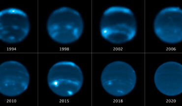 This sequence of Hubble images chronicles the waxing and waning of the amount of cloud cover on Neptune. Image credit: NASA / ESA / Erandi Chavez, UC Berkeley / Imke de Pater, UC Berkeley.