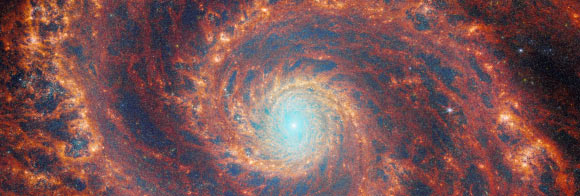 This Webb image shows Messier 51, a grand design spiral galaxy some 27 million light-years away in the constellation of Canes Venatici. Image credit: NASA / ESA / CSA / Webb / A. Adamo, Stockholm University / FEAST JWST Team.