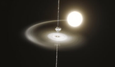 This artist’s impression shows the millisecond pulsar PSR J1023+0038 stealing gas from its companion star. Image credit: ESO / M. Kornmesser.