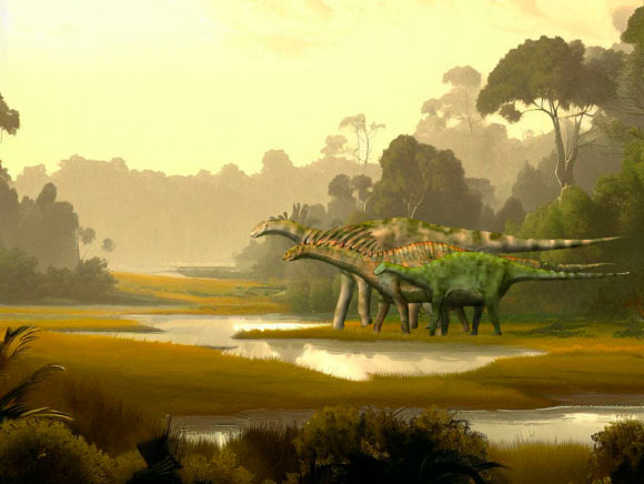 Dicreosaurid dinosaurs, from larger to smaller: Dicraeosaurus hansemanni, Amargasaurus cazaui, and Brachytrachelopan mesai. Image credit: Sci.News / Nobu Tamura, http://spinops.blogspot.com / Bing Image Creator.