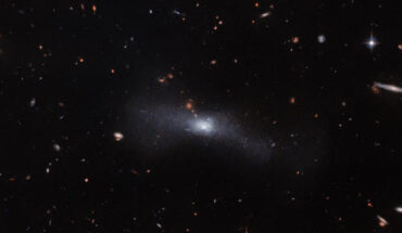 This Hubble image shows SDSS J103512.07+461412.2, a spiral galaxy some 23 million light-years away in the constellation of Ursa Major. The color image is made up of observations from Hubble’s Advanced Camera for Surveys (ACS) in the near-infrared and optical parts of the spectrum. It is based on data obtained through two filters. The color results from assigning different hues to each monochromatic image associated with an individual filter. Image credit: NASA / ESA / Hubble / R. Tully.