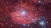 This OmegaCAM/VST image shows three nebulae: the red emission nebula IC 1284 and two blue reflection nebulae NGC 6589 and NGC 6590. Image credit: ESO / VPHAS+ Team.