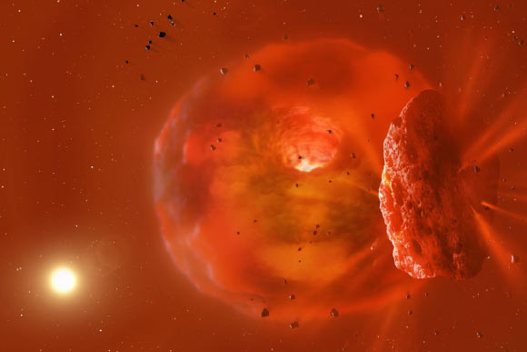 A visualization of the huge, glowing planetary body produced by the ASASSN-21qj planetary collision. Image credit: Mark Garlick.