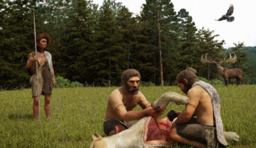 Neanderthals butchering the freshly killed cave lion from Siegsdorf, Germany. Image credit: Julio Lacerda / NLD.