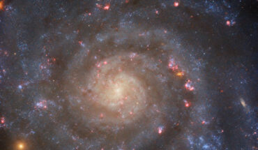 This Hubble image shows IC 5332, a spiral galaxy some 30 million light-years away in the constellation of Sculptor. The color image is made up of observations from Hubble’s Wide Field Camera 3 (WFC3) in the ultraviolet, near-infrared, and optical parts of the spectrum. It is based on data obtained through six filters. The color results from assigning different hues to each monochromatic image associated with an individual filter. Image credit: NASA / ESA / Hubble / R. Chandar / J. Lee / PHANGS-HST Team.
