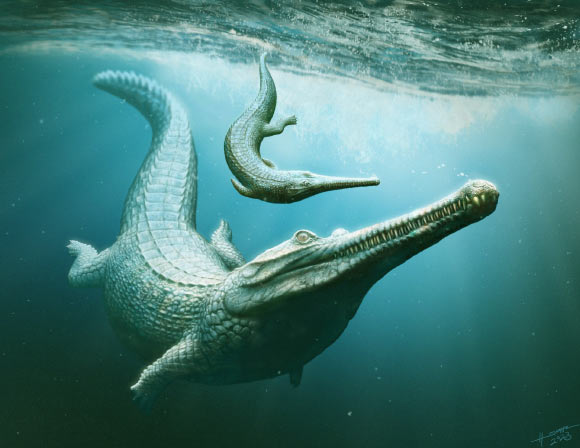 A Macrospondylus bollensis mother keeps a watchful eye on her young. Image credit: Henry Sutherland Sharpe.