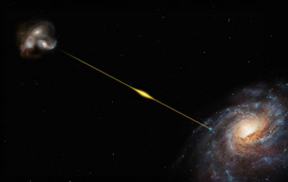 This artist’s impression illustrates the path of FRB 20220610A, from a group of distant galaxies where it originated all the way to Earth, in one of the Milky Way’s spiral arms. Image credit: M. Kornmesser / ESO.