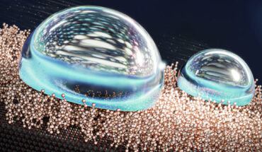 An artist’s depiction of the liquid-like layer of molecules repelling water droplets. Image credit: Ekaterina Osmekhina / Aalto University