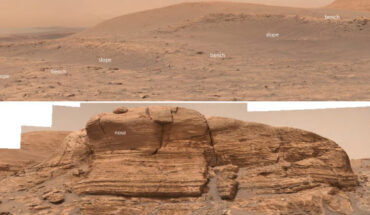 Bench-and-slope morphology pictured on Mars (top) and nose morphology from the ground at Mars Mont Mercou outcrop (bottom). Image credit: NASA / Caltech-JPL / MSSS.