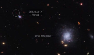 This image from Webb’s NIRCam instrument highlights GRB 230307A’s kilonova and its former home galaxy. Image credit: NASA / ESA / CSA / STScI / A. Levan, IMAPP, Warw / A. Pagan, STScI.