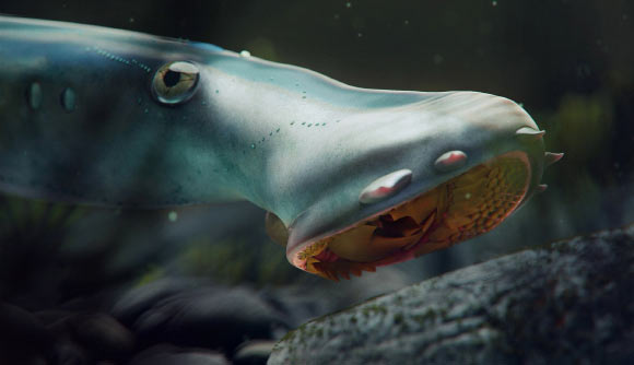 Life reconstruction of the lamprey Yanliaomyzon from the Jurassic Yanliao Biota, China. Image credit: Nice Vistudio / Institute of Vertebrate Paleontology and Paleoanthropology, Chinese Academy of Sciences.