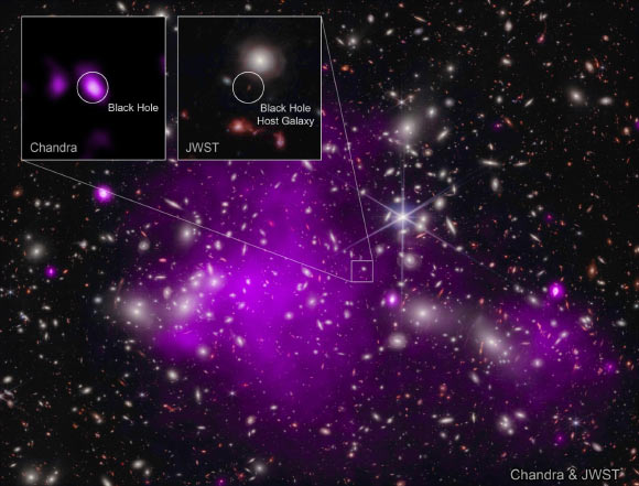 Bogdán et al. and Goulding et al. combined data from Webb and Chandra to identify the growing black hole at the center of UHZ1. Image credit: NASA / CXC / SAO / Bogdán et al. / ESA / CSA / STScI / L. Frattare / K. Arcand.